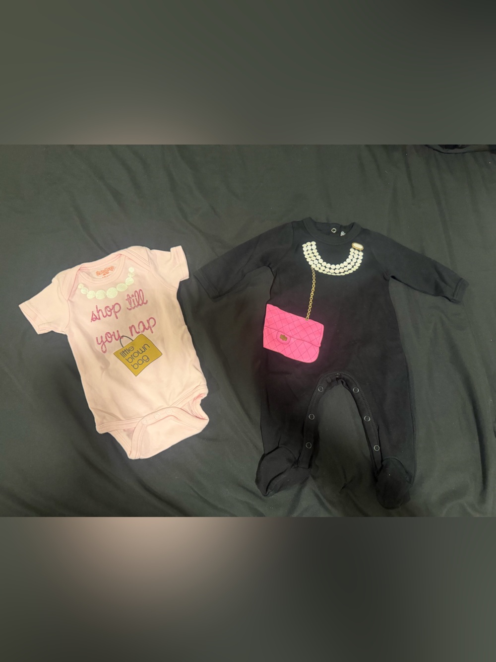 Sara Kety Girl's Pearls and Purse Footie & Shop Till You Nap Bodysuit Sz 6-12 M